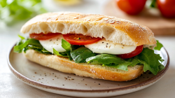 Ein Caprese-Sandwich mit Focaccia, Tomaten, Mozzarella und Salat auf einem Teller.