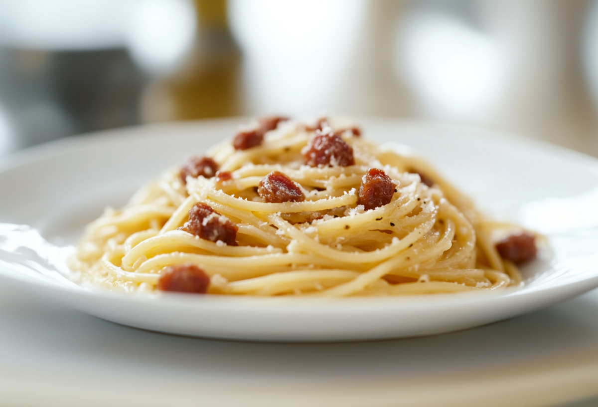 Chorizo Carbonara auf einem weißen Teller.