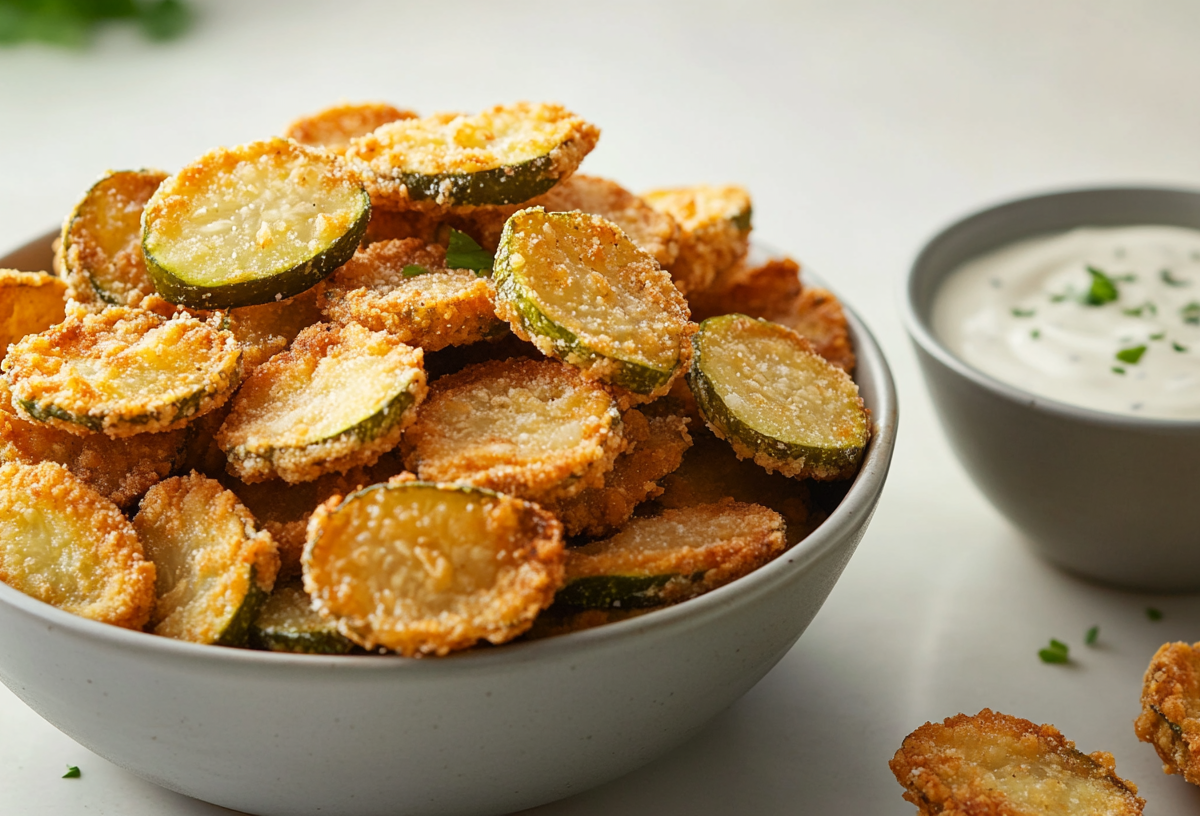 Eine Schale frittierte GewÃ¼rzgurken, daneben eine schale mit weiÃŸem Dip.