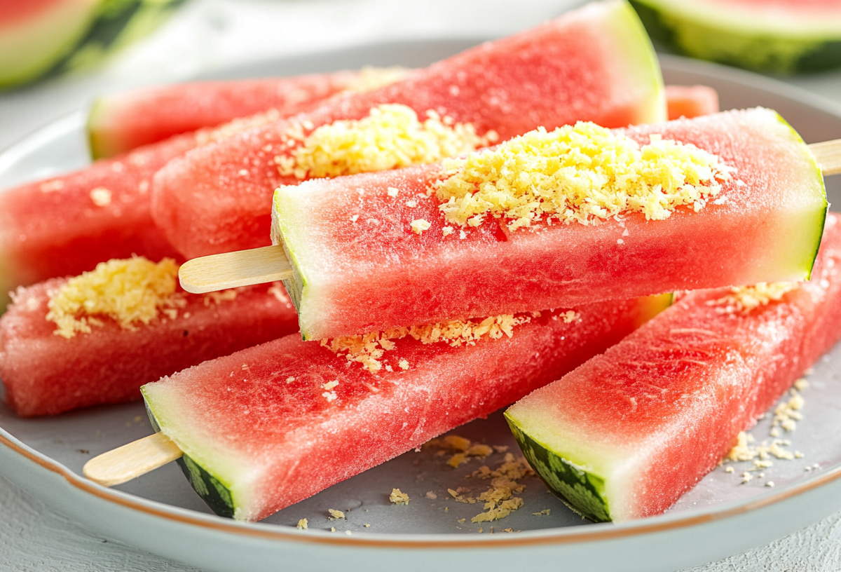 gefrorene Wassermelonen-Lollis mit Zitronenabrieb bestreut auf einem Teller.