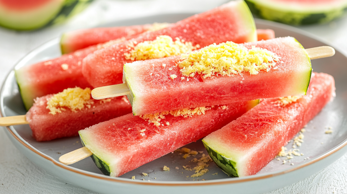 gefrorene Wassermelonen-Lollis mit Zitronenabrieb bestreut auf einem Teller.