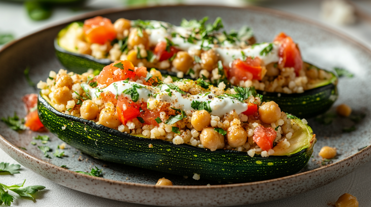 zwei halbe gefüllte Zucchini mit Couscous, Tomaten und Kichererbsen auf einem Teller, garniert mit Joghurt und gehackten Kräutern.