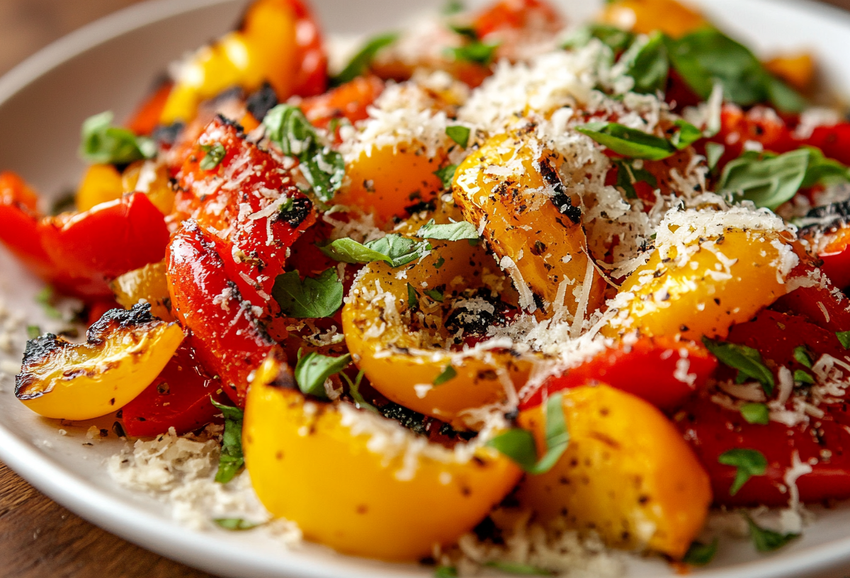 Gegrillter Paprikasalat mit Parmesan und Basilikum auf einem Teller, Nahaufnahme.