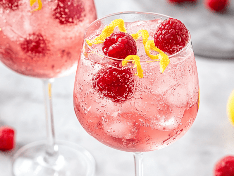 2 Gläser Himbeer-Rosé-Spritz mit Eiswürfeln, Himbeeren und Zitronenzesten, Nahaufnahme.