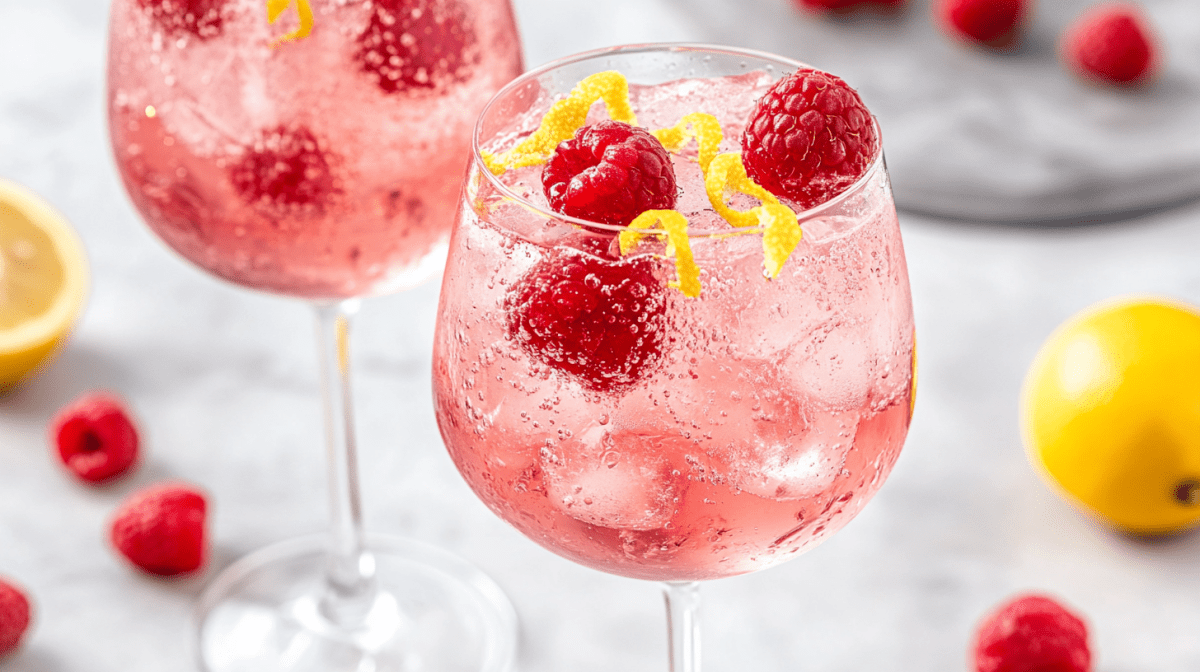 2 Gläser Himbeer-Rosé-Spritz mit Eiswürfeln, Himbeeren und Zitronenzesten, Nahaufnahme.