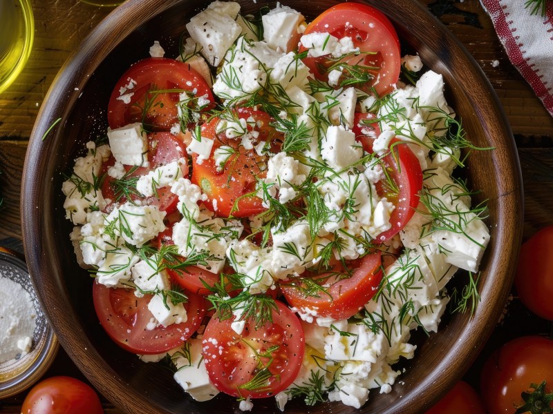 Schale mit Hüttenkäse-Feta-Salat