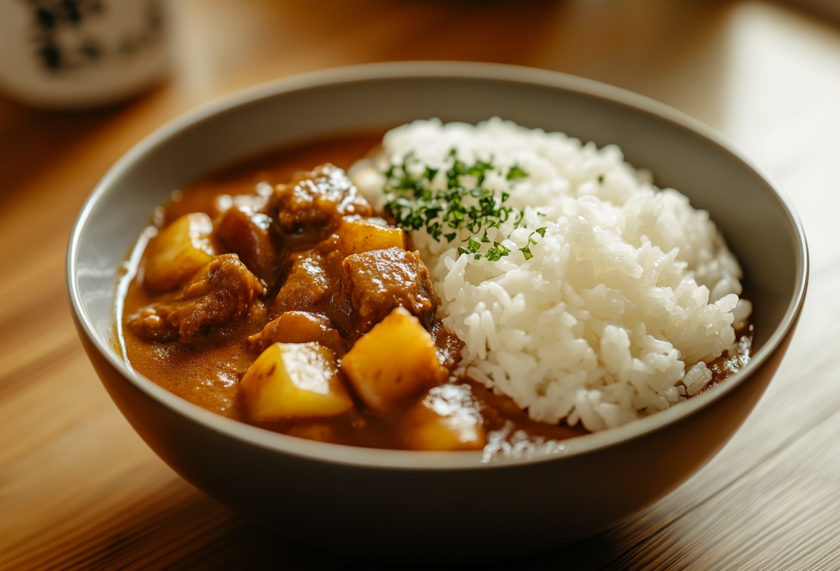 Japanisches Curry mit Reis in einer Schale.