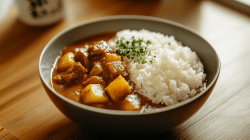 Japanisches Curry mit Reis in einer Schale.