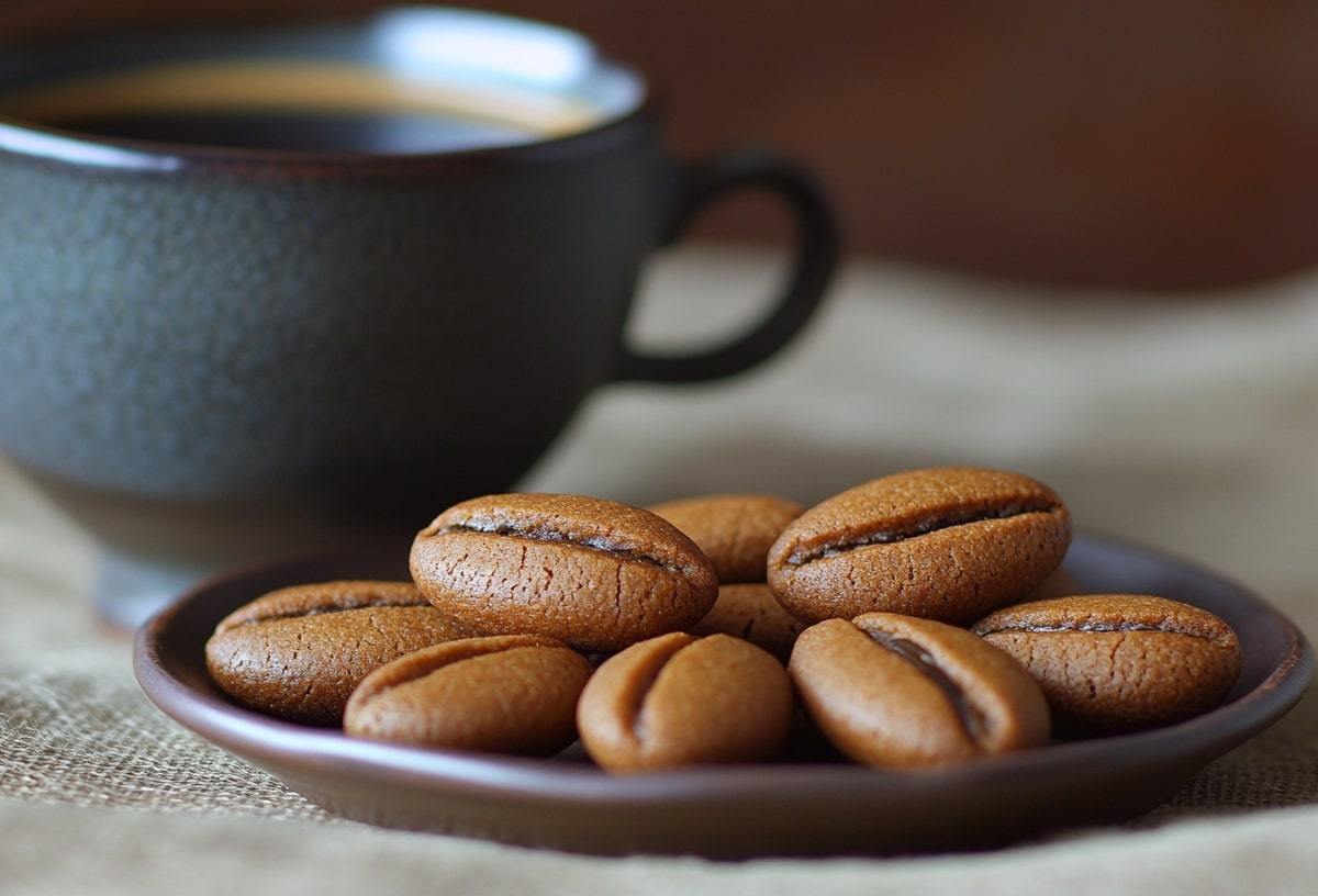 Ein Teller Kaffeebohnenkekse neben einer Kaffeetasse.