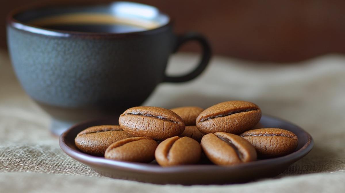 Ein Teller Kaffeebohnenkekse neben einer Kaffeetasse.