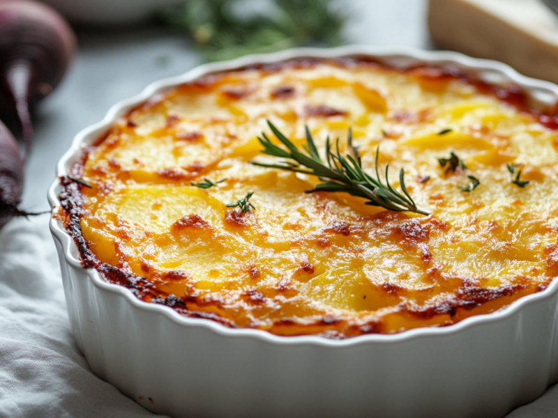 Auflaufform mit Kartoffelgratin mit Roter Bete