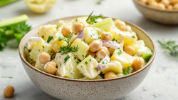 Eine Schale Kartoffelsalat mit Kichererbsen, roten Zwiebeln und Sellerie.