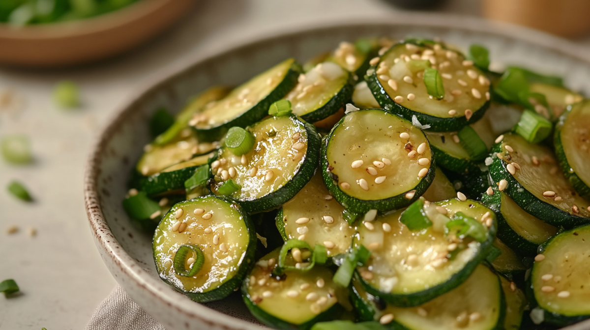 Koreanischer Zucchinisalat Hobak Bokkeum mit Sesam und Frühlingszwiebeln in einer Schüssel.