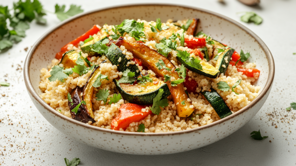 Marokkanischer Couscous mit Zucchini, Aubergine und Paprika in einer SchÃ¼ssel.