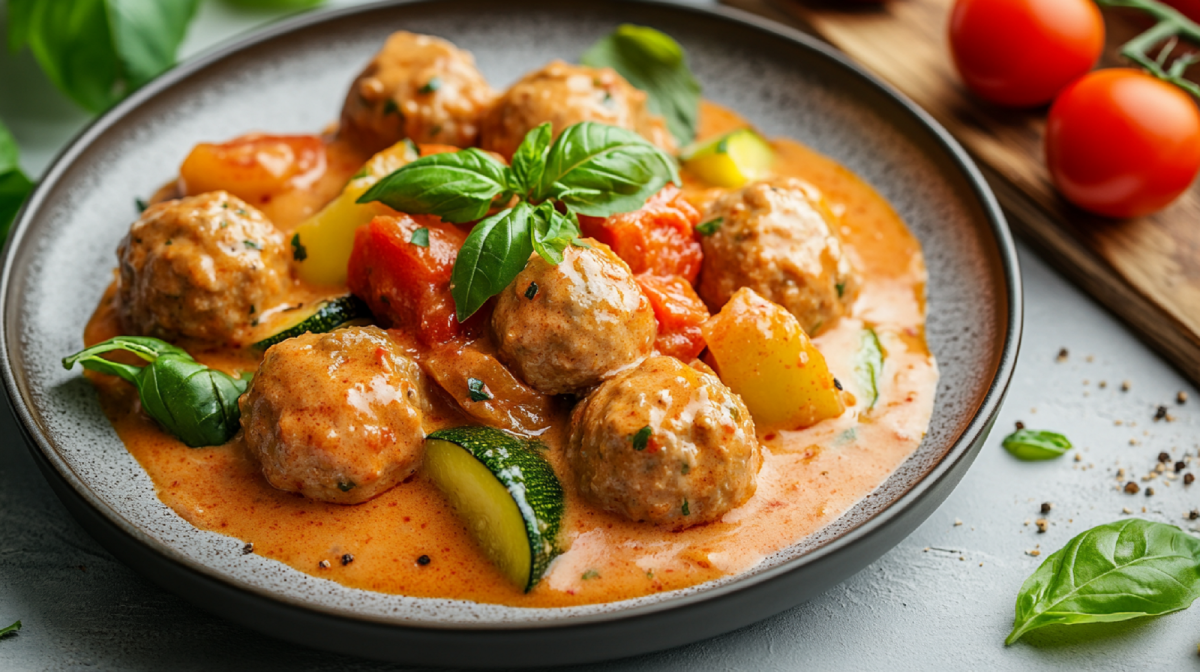 Teller mit Mediterrane HackbÃ¤llchen in TomatensoÃŸe