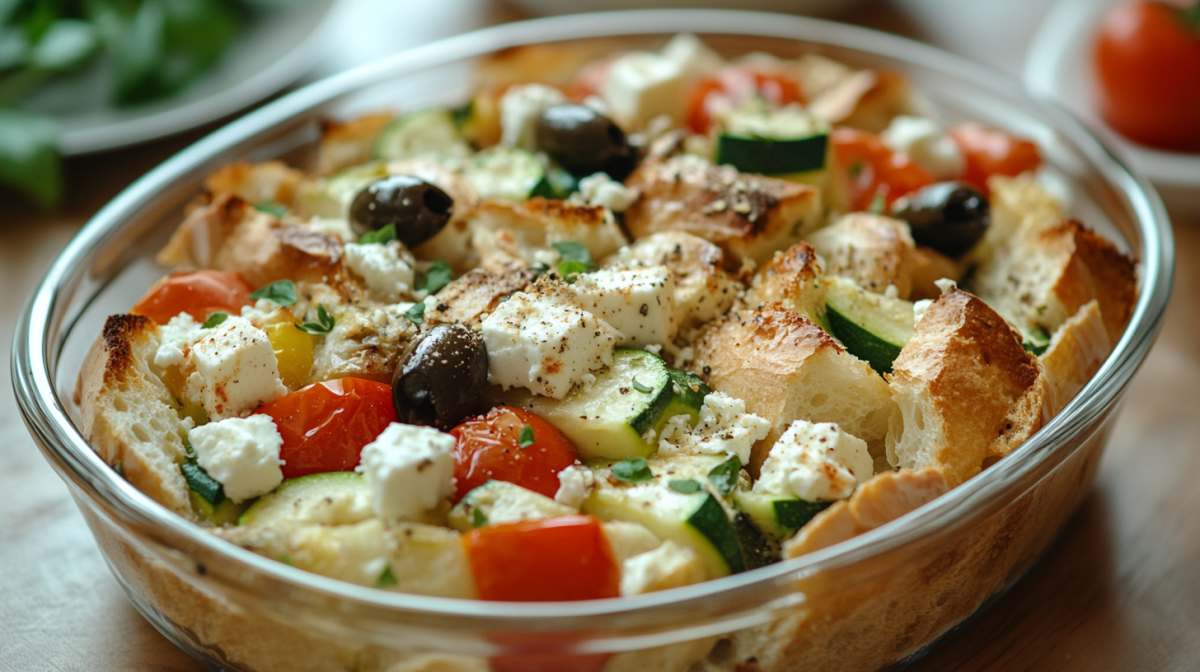 Mediterraner Brotauflauf mit Paprika, Oliven, Zucchini, Tomaten und Feta in einer Auflaufform auf Glas.