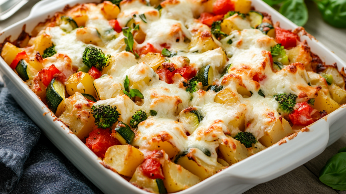 Mediterraner GemÃ¼seauflauf mit Kartoffeln, Zucchini, Brokkoli und Paprika in weiÃŸer Auflaufform, Nahaufnahme.