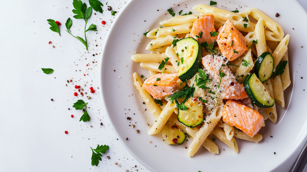 Für diese Nudeln mit Zucchini, Lachs und Parmesan brauchst du nur einen Topf