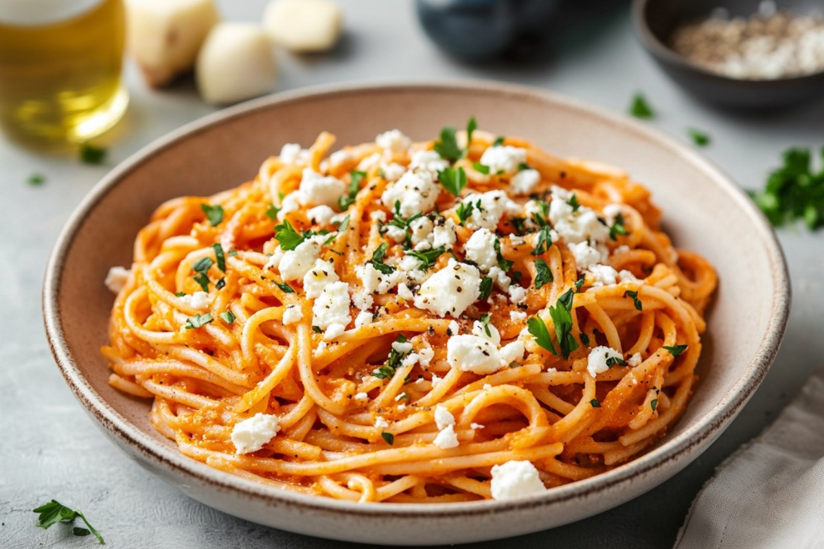 Eine Schüssel Paprika-Pasta mit Feta.