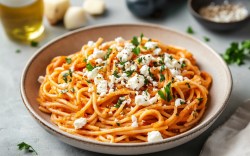 Eine Schüssel Paprika-Pasta mit Feta.