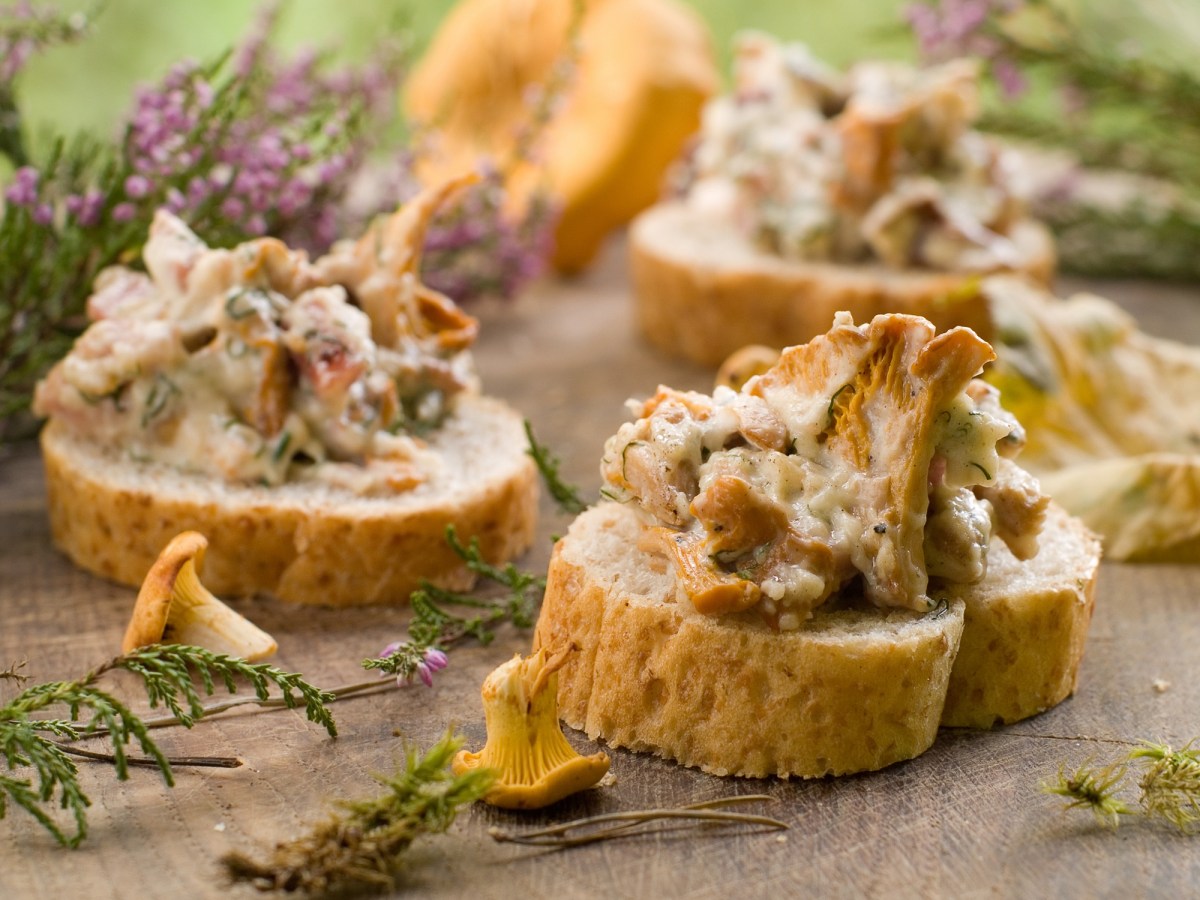 3 Pfifferling-Frischkäse-Brote auf Baguettescheiben.