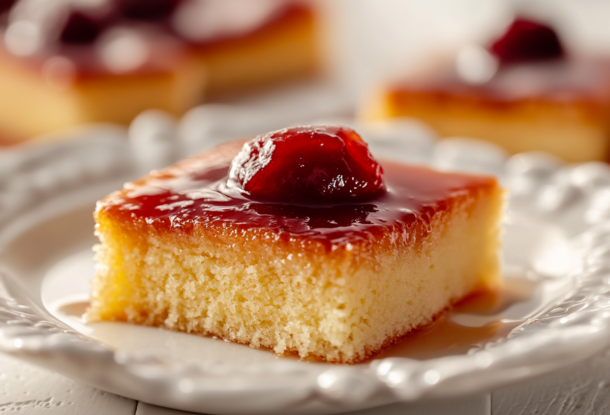 Griechischer Grießkuchen mit Pflaumenkompott auf einem gemusterten Teller.