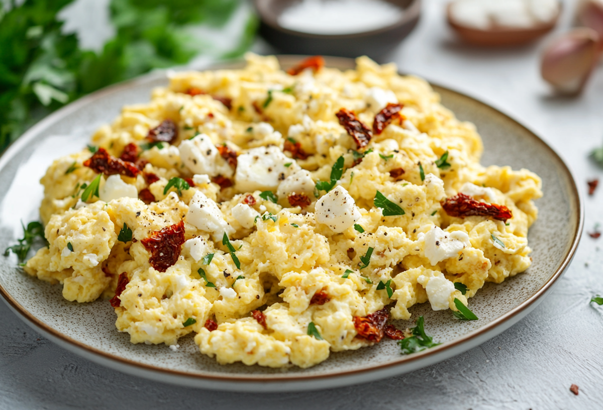 Rührei mit Feta und getrockneten Tomaten auf einem grauen, modernen Teller.