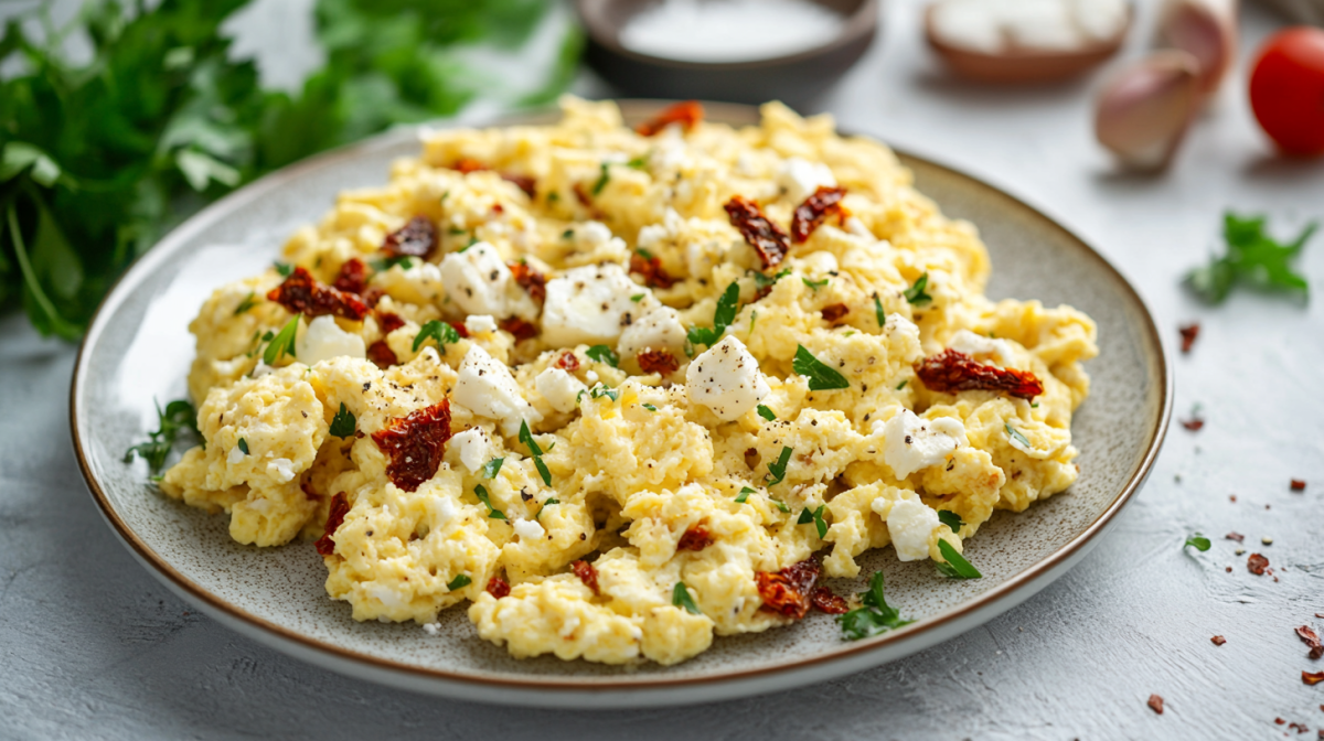 RÃ¼hrei mit Feta und getrockneten Tomaten auf einem grauen, modernen Teller.