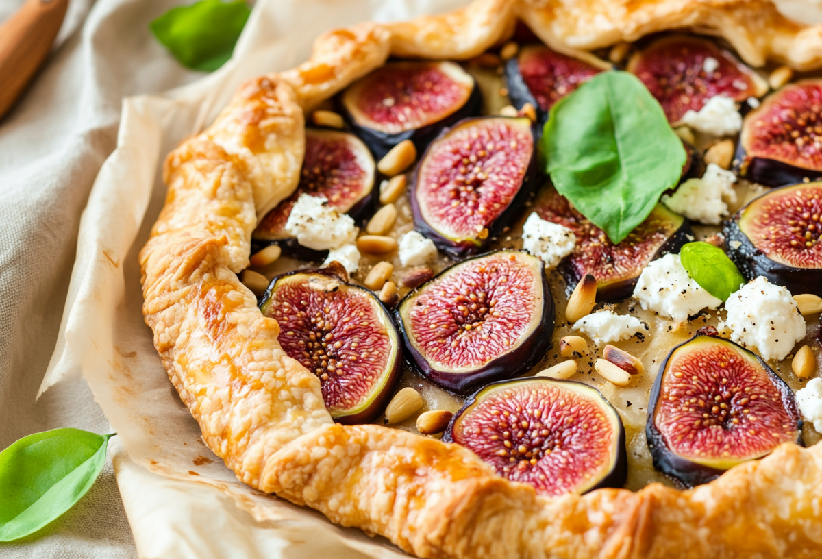 Eine schnelle Feigengalette mit Feta und Pinienkernen, Nachaufnahme.