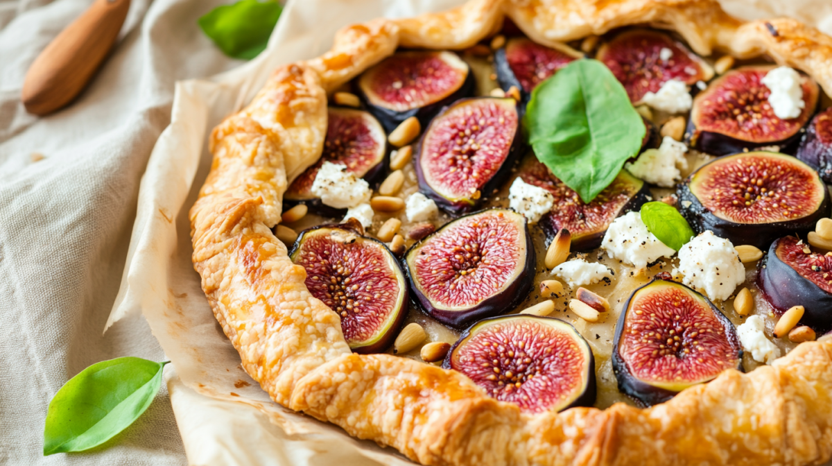 Eine schnelle Feigengalette mit Feta und Pinienkernen, Nachaufnahme.