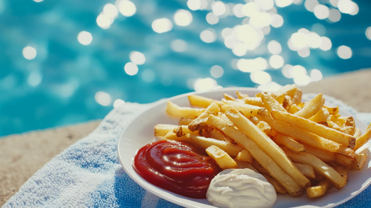 Eine Portion Freibad-Pommes neben einem Pool