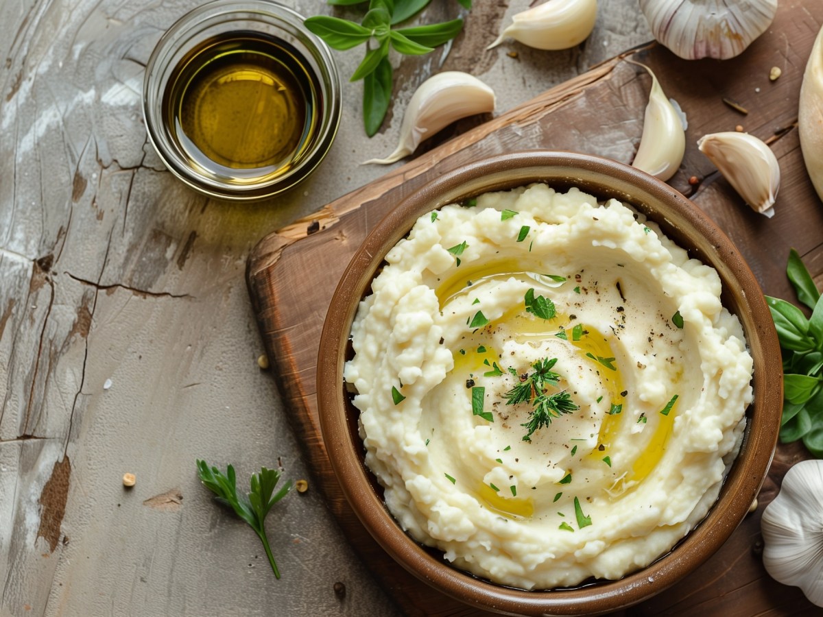 Schale mit griechischer Kartoffel-Knoblauch-Paste