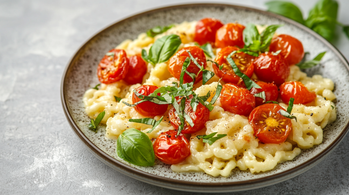 Eine Portion SpÃ¤tzlepfanne mit Feta und Tomaten, garniert mit ganzem und gehacktem Basilikum, auf einem Teller.