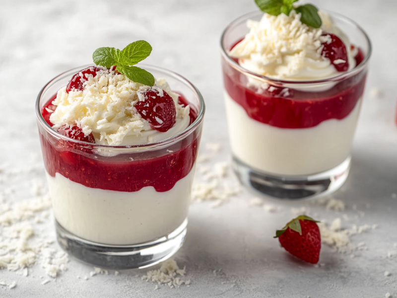 2 GlÃ¤ser Spaghettieis-Dessert mit ErdbeersoÃŸe und geraspelter weiÃŸer Schokolade.