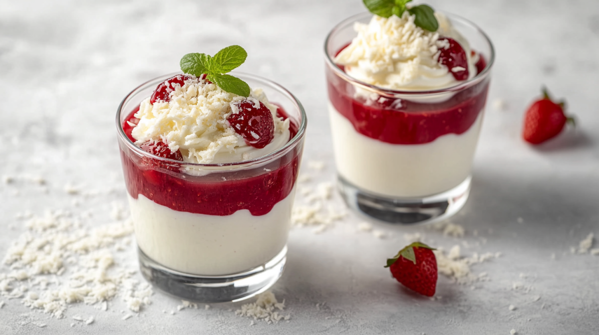 2 GlÃ¤ser Spaghettieis-Dessert mit ErdbeersoÃŸe und geraspelter weiÃŸer Schokolade.