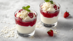 2 Gläser Spaghettieis-Dessert mit Erdbeersoße und geraspelter weißer Schokolade.