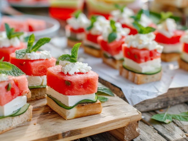 Wassermelonen-Feta-HÃ¤ppchen auf einem Tisch