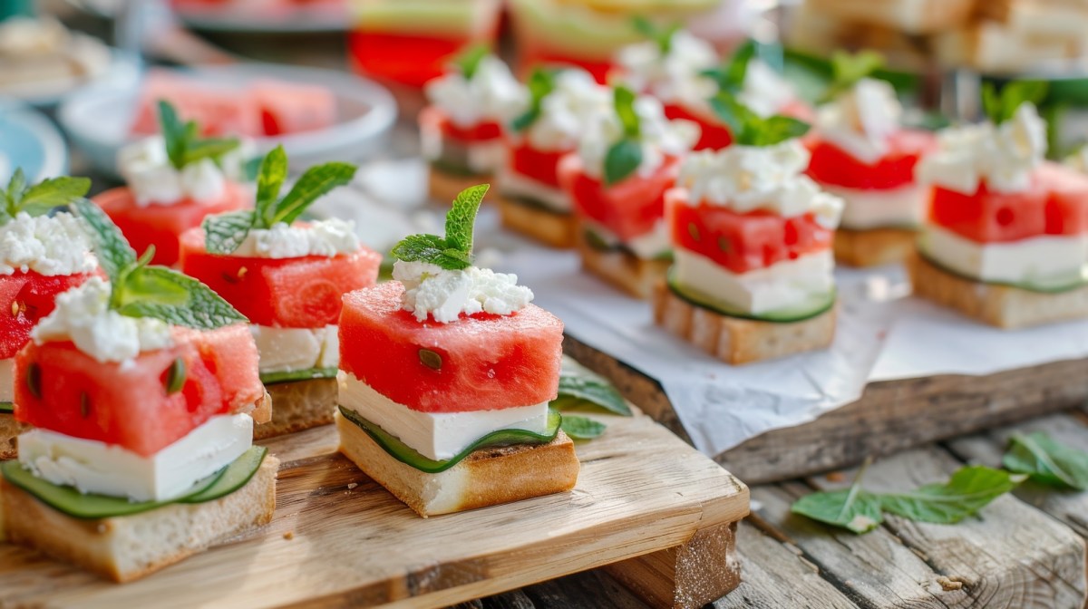 Wassermelonen-Feta-HÃ¤ppchen auf einem Tisch