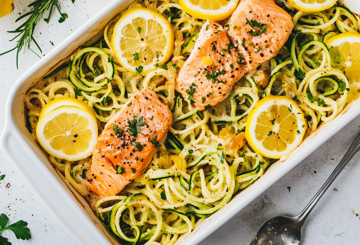 Form mit Zucchini-Auflauf mit Lachs