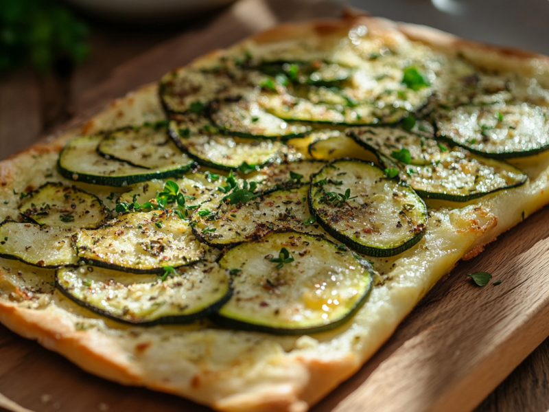 Zucchini-Flammkuchen auf einem Holzbrett.