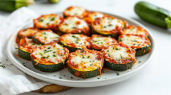 Zucchini-Pizza-Bites auf einem weißen Teller.