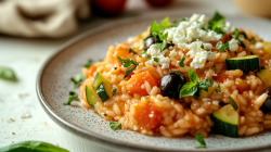 Roter Zucchini-Reis mit Feta und Oliven auf einem Teller, bestreut mit Petersilie, Nahaufnahme.