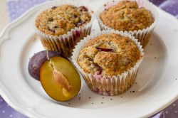 Drei Zwetschgen-Mohn-Muffins auf einem Teller