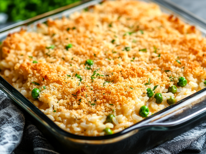 Alfredo-Reisauflauf mit HÃ¤hnchen, Erbsen und SemmelbrÃ¶seln in quadratischer Auflaufform aus Glas.