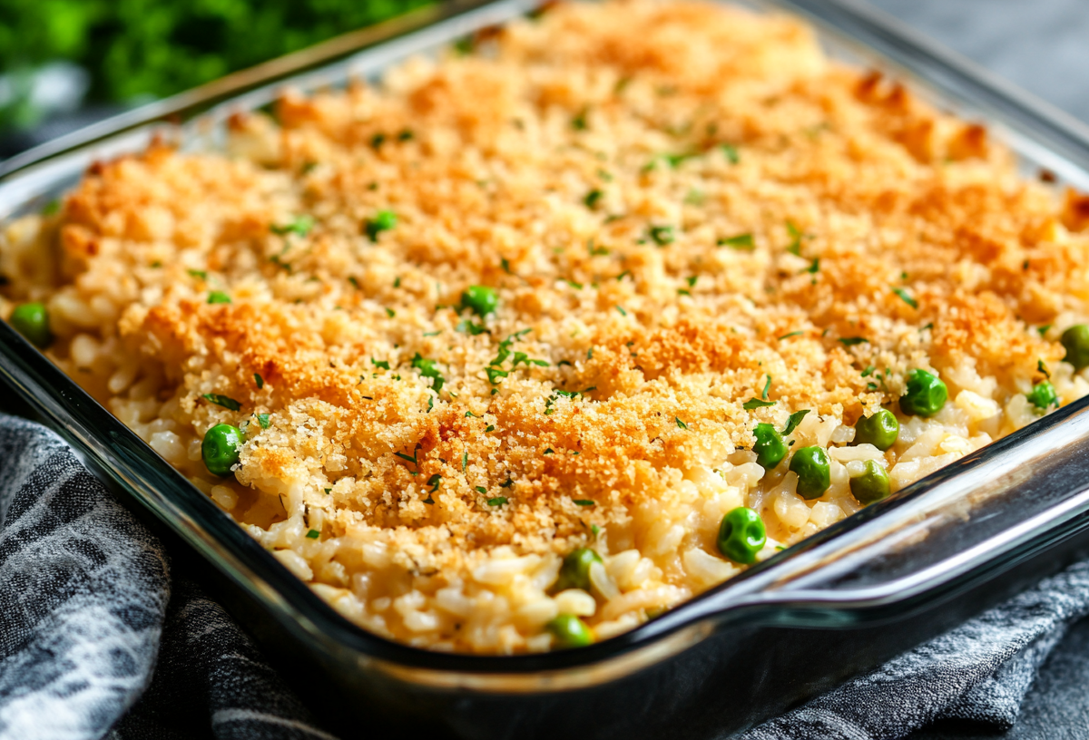 Alfredo-Reisauflauf mit Hähnchen, Erbsen und Semmelbröseln in quadratischer Auflaufform aus Glas.