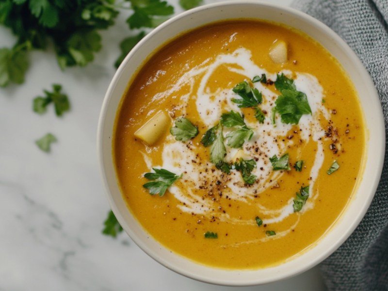 Eine Schüssel Apfel-Curry-Suppe in der Draufsicht.