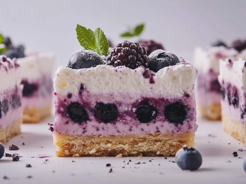 Blaubeer-Zitronen-Schnitten mit Biskuit, Blaubeer- und weiÃŸer Creme, garniert mit Beeren.