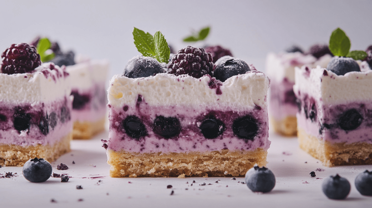 Blaubeer-Zitronen-Schnitten mit Biskuit, Blaubeer- und weiÃŸer Creme, garniert mit Beeren.