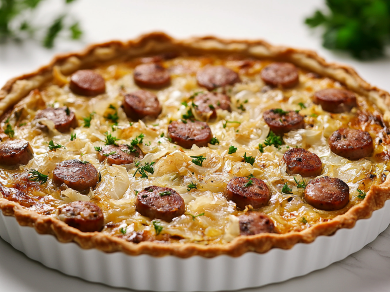 Bratwurst-Sauerkraut-Quiche in weißer Quicheform, bestreut mit Kräutern.