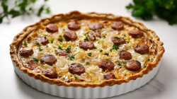 Bratwurst-Sauerkraut-Quiche in weißer Quicheform, bestreut mit Kräutern.